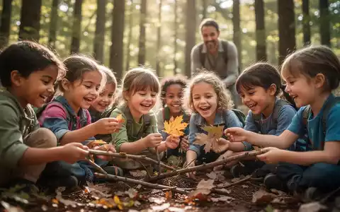 Glückliche Kinder bei einer geführten Outdoor-Aktivität in einem sonnendurchfluteten Wald, die Natur entdecken. - Foto: über boerse-global.de