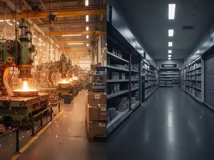Geteiltes Bild: Eine Hälfte zeigt eine belebte, moderne Industriefabrik, die andere einen leeren, dunklen Laden. Symbolisiert divergierende Wirtschaftsentwicklungen. - Foto: über boerse-global.de