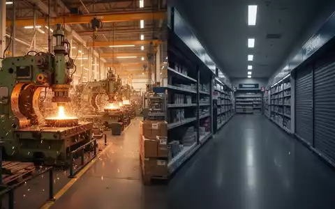 Geteiltes Bild: Eine Hälfte zeigt eine belebte, moderne Industriefabrik, die andere einen leeren, dunklen Laden. Symbolisiert divergierende Wirtschaftsentwicklungen. - Foto: über boerse-global.de
