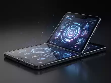 Ein teilweise geöffnetes faltbares Smartphone mit leuchtendem, futuristischem Betriebssystem-Interface auf dem Bildschirm. - Foto: über boerse-global.de