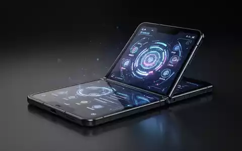 Ein teilweise geöffnetes faltbares Smartphone mit leuchtendem, futuristischem Betriebssystem-Interface auf dem Bildschirm. - Foto: über boerse-global.de