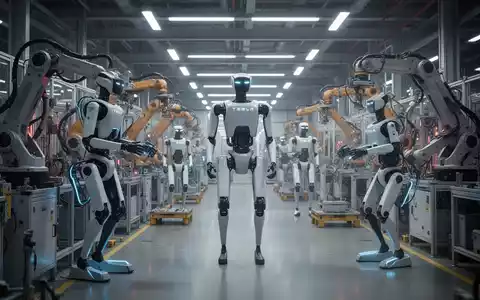 Humanoide Roboter am Fließband in einer futuristischen Fabrik, Symbol für Automatisierung in der Fertigung. - Foto: über boerse-global.de