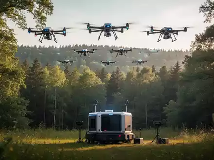 Autonome Drohnen über einem deutschen Wald, mobile Bodenstation am Waldboden. - Foto: über boerse-global.de