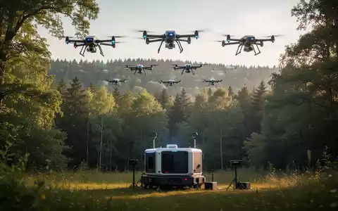 Autonome Drohnen über einem deutschen Wald, mobile Bodenstation am Waldboden. - Foto: über boerse-global.de