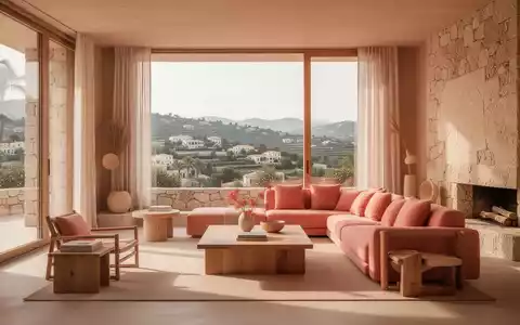 Ein warm minimalistisch eingerichtetes Wohnzimmer mit natürlichen Materialien, Sonnenlicht und Blick auf eine mediterrane Landschaft. - Foto: über boerse-global.de