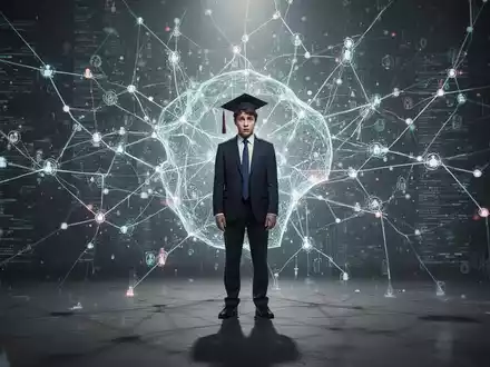 Ein junger Hochschulabsolvent steht unsicher vor einem abstrakten, leuchtenden KI-Netzwerk, das die Herausforderungen des Berufseinstiegs symbolisiert. - Foto: über boerse-global.de