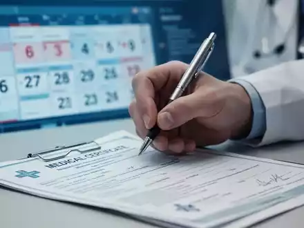 Nahaufnahme einer Hand mit Stift, die über einem Krankenschein schwebt, im Hintergrund verschwommen ein Kalender. - Foto: über boerse-global.de