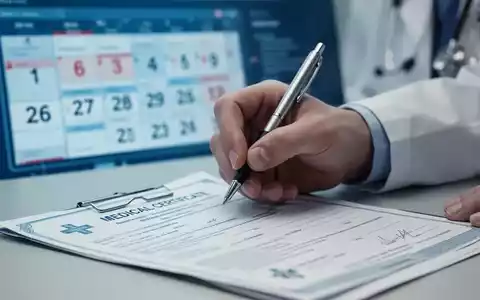 Nahaufnahme einer Hand mit Stift, die über einem Krankenschein schwebt, im Hintergrund verschwommen ein Kalender. - Foto: über boerse-global.de