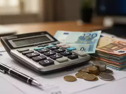 Ein Taschenrechner mit Stift, Euro-Banknoten und Münzen auf einem Schreibtisch, der Steuerersparnisse und Finanzoptimierung symbolisiert. - Foto: über boerse-global.de