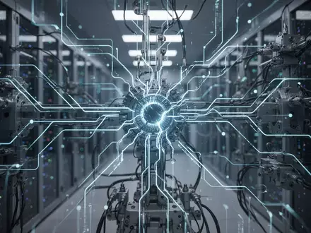 Ein komplexes Netzwerk digitaler und physischer Systeme mit leuchtenden Datenlinien und Maschinen. Ein kritisches Bauteil flackert leicht. - Foto: über boerse-global.de