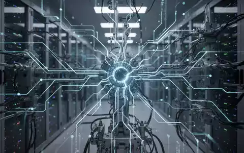 Ein komplexes Netzwerk digitaler und physischer Systeme mit leuchtenden Datenlinien und Maschinen. Ein kritisches Bauteil flackert leicht. - Foto: über boerse-global.de