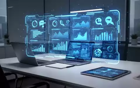 Holografische Benutzeroberfläche mit Daten- und Kommunikationssymbolen über einem modernen Schreibtisch mit Laptop und Tablet. - Foto: über boerse-global.de