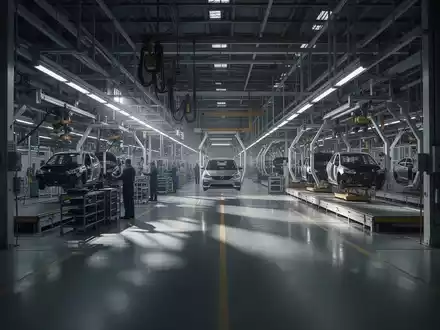 Eine leere, moderne Automobilfabrik mit stillstehenden Produktionslinien, die Überkapazitäten und Arbeitsplatzabbau symbolisiert. - Foto: über boerse-global.de