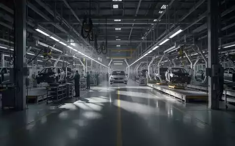 Eine leere, moderne Automobilfabrik mit stillstehenden Produktionslinien, die Überkapazitäten und Arbeitsplatzabbau symbolisiert. - Foto: über boerse-global.de