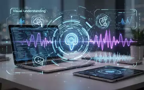 Holografische KI-Assistentenoberfläche mit visuellen und Audio-Symbolen über modernem Laptop und Tablet, symbolisiert fortschrittliche Integration. - Foto: über boerse-global.de
