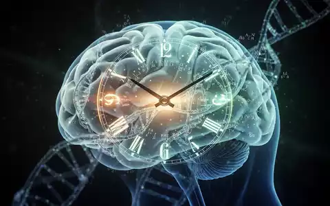Eine stilisierte, leuchtende Uhr wird auf ein menschliches Gehirn projiziert, mit DNA-Strängen und Methylierungsmustern. - Foto: über boerse-global.de