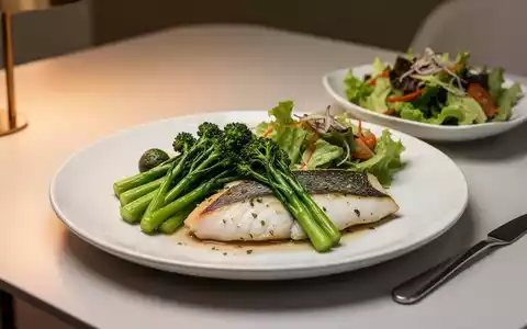 Ein Teller mit gedämpftem Fisch und frischem Gemüse, auf einem modernen Esstisch unter warmem Licht angerichtet. - Foto: über boerse-global.de