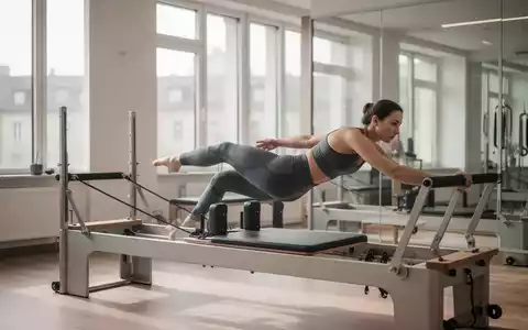 Eine Person trainiert an einem Reformer Pilates Gerät in einem modernen, hellen Fitnessstudio in Chemnitz. - Foto: über boerse-global.de