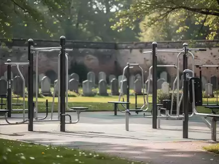 Ein moderner Outdoor-Fitnesspark mit Trainingsgeräten, eingebettet in eine grüne Parklandschaft, mit angedeuteten Grabsteinen im Hintergrund. - Foto: über boerse-global.de