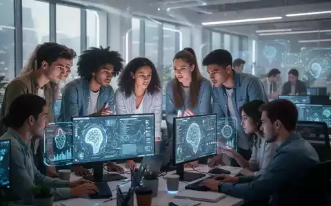 Verschiedene junge Erwachsene in einem modernen Büro, konzentriert auf Bildschirme mit digitalen Oberflächen, symbolisieren Bildung in KI und Cybersicherheit. - Foto: über boerse-global.de