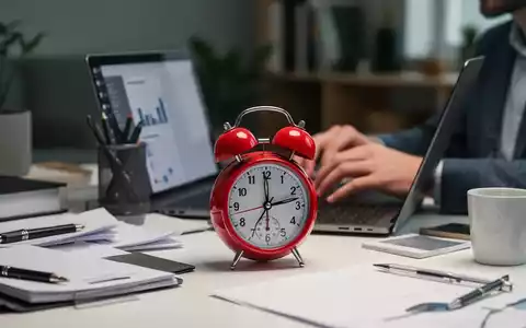 Ein klassischer roter Pomodoro-Timer auf einem aufgeräumten Schreibtisch. Hände tippen auf einem Laptop, umgeben von Notizen. - Foto: über boerse-global.de