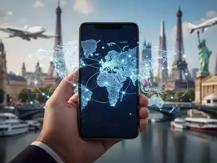 Eine Hand hält ein Smartphone mit digitaler Weltkarte, leuchtende Linien verbinden Städte, Symbol für globales eSIM-Reisen. - Foto: über boerse-global.de
