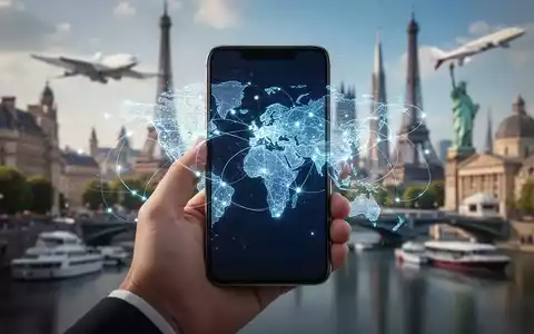 Eine Hand hält ein Smartphone mit digitaler Weltkarte, leuchtende Linien verbinden Städte, Symbol für globales eSIM-Reisen. - Foto: über boerse-global.de
