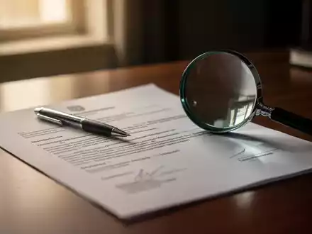 Nahaufnahme eines amtlichen Dokuments mit deutschem Text, einem Stift und einer Lupe auf einem Holztisch, Fokus auf die Überprüfung. - Foto: über boerse-global.de