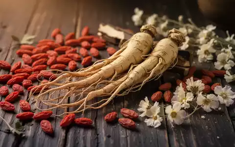 Nahaufnahme traditioneller chinesischer Heilkräuter wie Ginseng, Goji-Beeren und getrocknete Blüten auf Holz. - Foto: über boerse-global.de