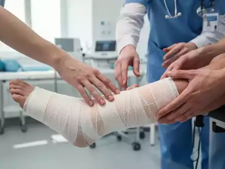 Eine Hand berührt sanft einen Gips am Unterschenkel, während die Hände eines Physiotherapeuten unterstützend daneben sind. - Foto: über boerse-global.de
