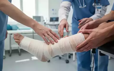 Eine Hand berührt sanft einen Gips am Unterschenkel, während die Hände eines Physiotherapeuten unterstützend daneben sind. - Foto: über boerse-global.de