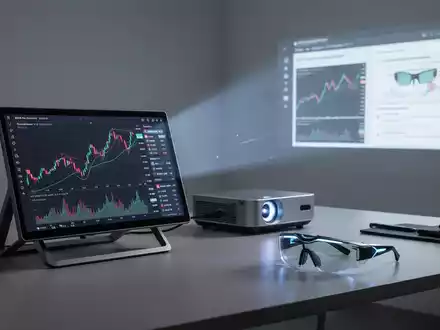 Tragbarer Monitor, Projektor und AR-Brille in einem modernen Arbeitsbereich, Symbol für mobile Produktivität und technische Innovation. - Foto: über boerse-global.de
