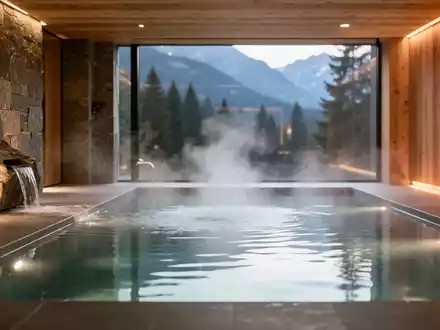 Ein luxuriöser privater Wellnessbereich mit einem ruhigen Innenpool, sanftem Dampf und warmem Licht, das eine entspannende Atmosphäre schafft. - Foto: über boerse-global.de