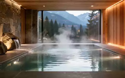 Ein luxuriöser privater Wellnessbereich mit einem ruhigen Innenpool, sanftem Dampf und warmem Licht, das eine entspannende Atmosphäre schafft. - Foto: über boerse-global.de
