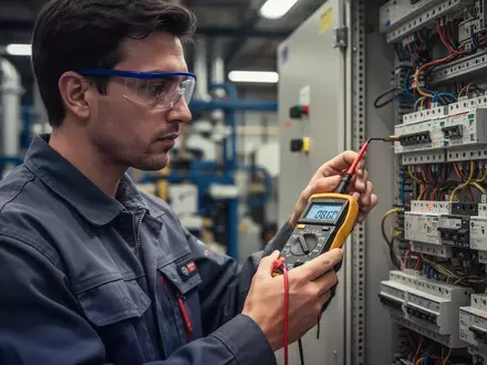 Eine Person in Arbeitskleidung und Schutzbrille prüft eine elektrische Schalttafel mit einem Multimeter, im Hintergrund Industrieanlagen. - Foto: über boerse-global.de