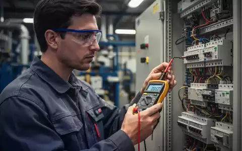Eine Person in Arbeitskleidung und Schutzbrille prüft eine elektrische Schalttafel mit einem Multimeter, im Hintergrund Industrieanlagen. - Foto: über boerse-global.de