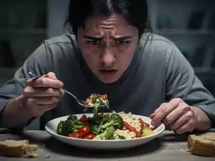 Eine Person sitzt allein und betrachtet sorgfältig eine Mahlzeit, was Besessenheit und innere Anspannung symbolisiert. - Foto: über boerse-global.de