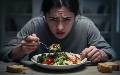 Eine Person sitzt allein und betrachtet sorgfältig eine Mahlzeit, was Besessenheit und innere Anspannung symbolisiert. - Foto: über boerse-global.de
