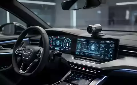 Nahaufnahme eines modernen Armaturenbretts mit einer integrierten Kamera oder einem Sensor, der auf den Fahrer gerichtet ist. - Foto: über boerse-global.de