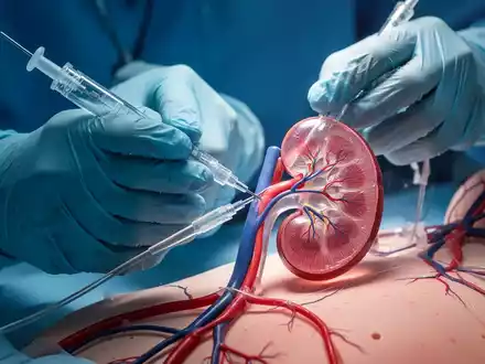 Nahaufnahme der Hände eines Arztes, der mit einem Katheter ein medizinisches Verfahren an einem anatomischen Nierenmodell durchführt. - Foto: über boerse-global.de