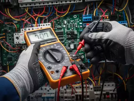 Eine Nahaufnahme einer Hand mit Sicherheitshandschuh, die mit einem Multimeter eine elektrische Komponente prĂŒft. - Foto: ĂŒber boerse-global.de