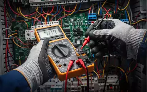 Eine Nahaufnahme einer Hand mit Sicherheitshandschuh, die mit einem Multimeter eine elektrische Komponente prüft. - Foto: über boerse-global.de