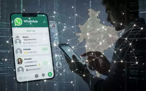 Digitale WhatsApp-Oberfläche mit unscharfen Benutzernamen, Netzwerkverbindungen und einer dezenten Indienkarte. Silhouette nutzt Smartphone. - Foto: über boerse-global.de