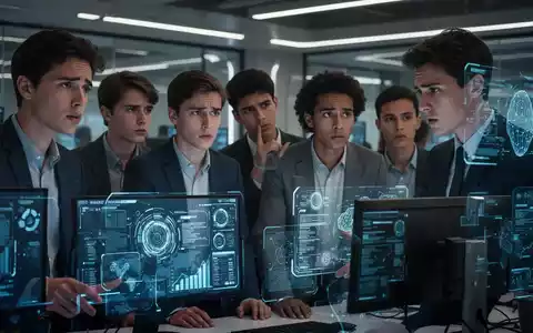 Junge Fachkräfte in einem modernen Büro, die besorgt auf Bildschirme blicken, während im Hintergrund technologische Elemente zu sehen sind. - Foto: über boerse-global.de