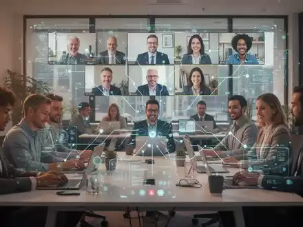 Ein Bild, das die Einarbeitung neuer Mitarbeiter in hybriden Teams darstellt, mit physischen und virtuellen Elementen, die nahtlos verbunden sind. - Foto: ĂŒber boerse-global.de