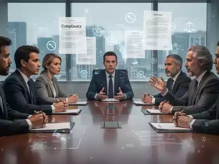 Geschäftsleute diskutieren an einem Konferenztisch, umgeben von digitalen Symbolen für internationale Compliance und rechtliche Herausforderungen. - Foto: über boerse-global.de