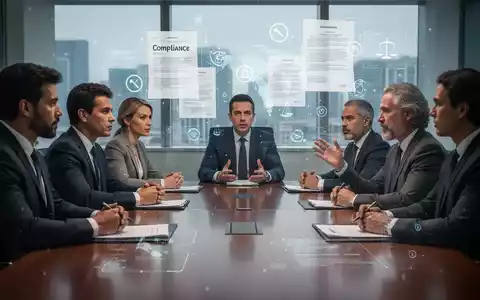 Geschäftsleute diskutieren an einem Konferenztisch, umgeben von digitalen Symbolen für internationale Compliance und rechtliche Herausforderungen. - Foto: über boerse-global.de