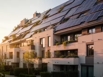 Ein modernes, energieeffizientes Wohngebäude mit Solarmodulen und Grünelementen an der Fassade, beleuchtet von warmem Sonnenlicht. - Foto: über boerse-global.de