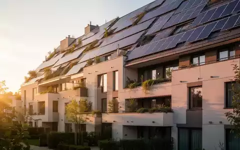 Ein modernes, energieeffizientes Wohngebäude mit Solarmodulen und Grünelementen an der Fassade, beleuchtet von warmem Sonnenlicht. - Foto: über boerse-global.de
