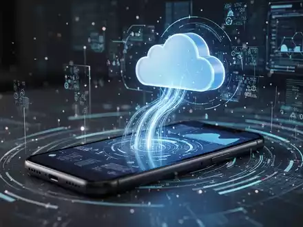 Ein Smartphone, von dem aus Datenpfeile in eine stilisierte Wolke strömen, umgeben von abstrakten digitalen Elementen. - Foto: über boerse-global.de